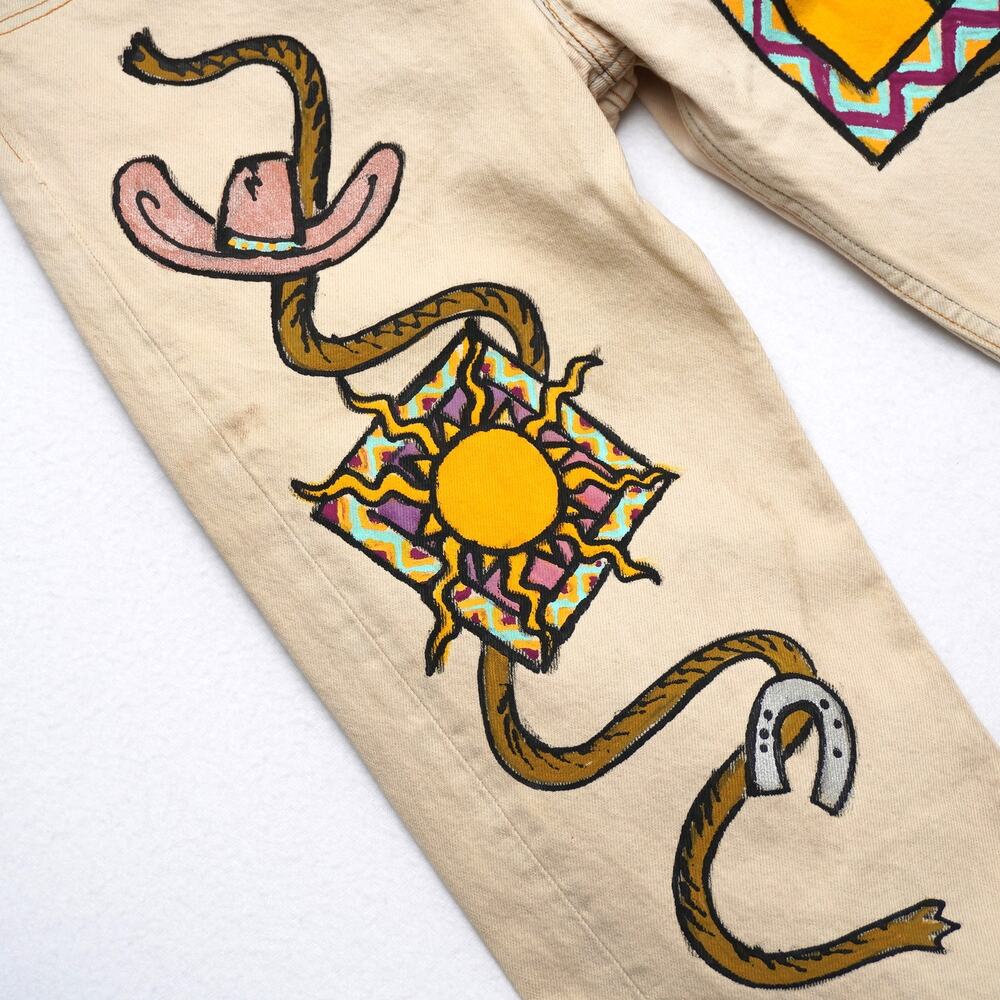 Vintage Levi’s 501 Jeans W31 L34 USA Made Painted Western Art Cactus‎ Snake Sun - Picture 3 of 13